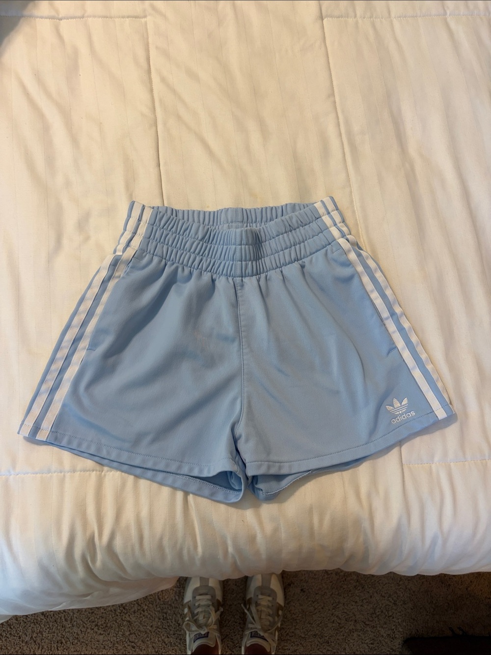 adidas originals Women's Light Blue Athletic Shorts with White Stripes